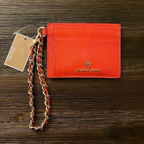 Michael Kors Small Pebbled Leather Chain Card Case Optic Orange NWT - Picture 1 of 10